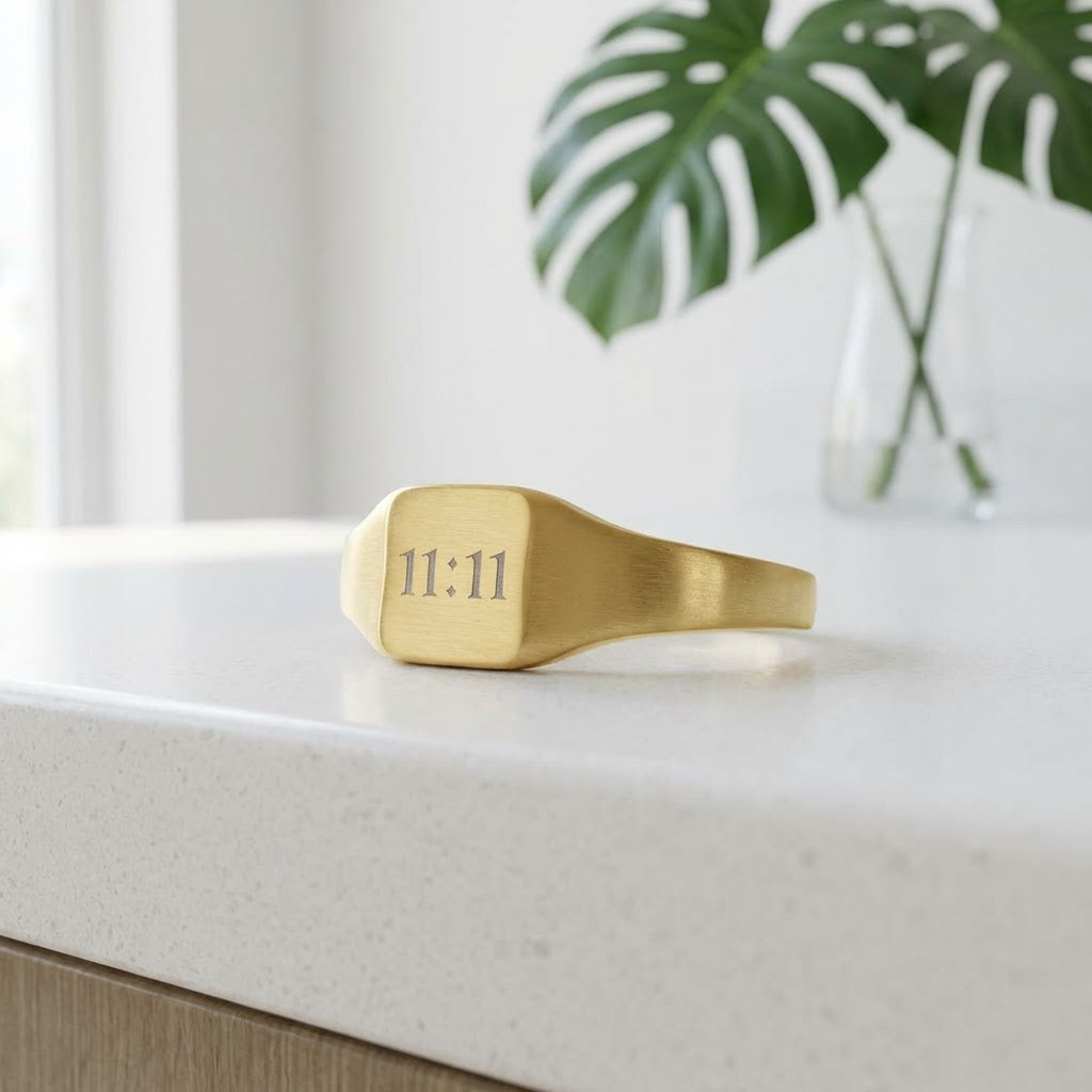 Gold Square Signet Ring — Engraved 11:11 Stainless Steel