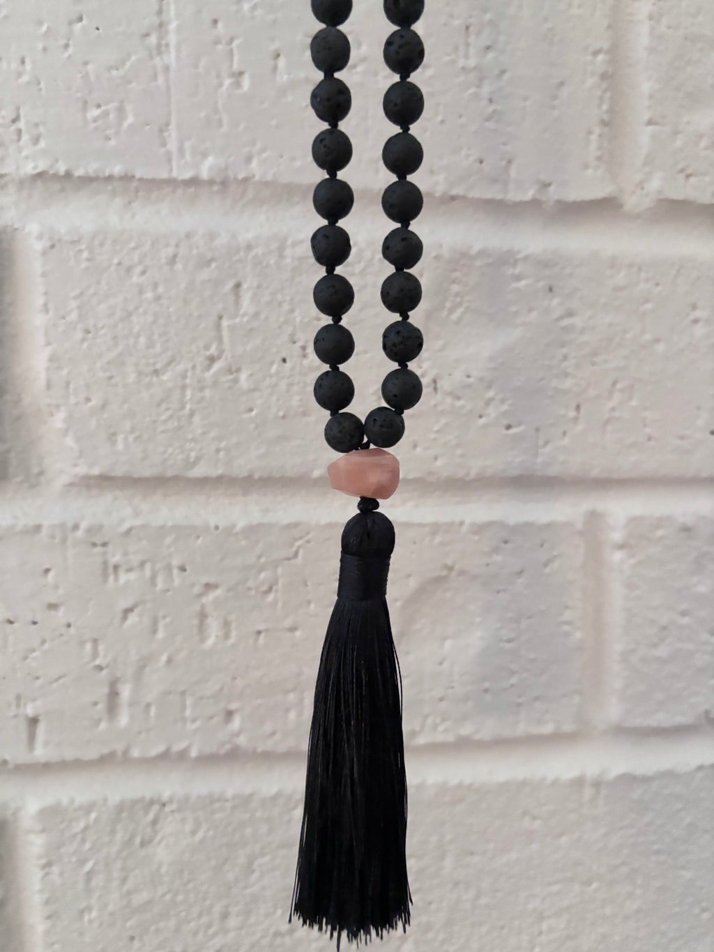 Matte Black Lava Bead Tassel Necklace