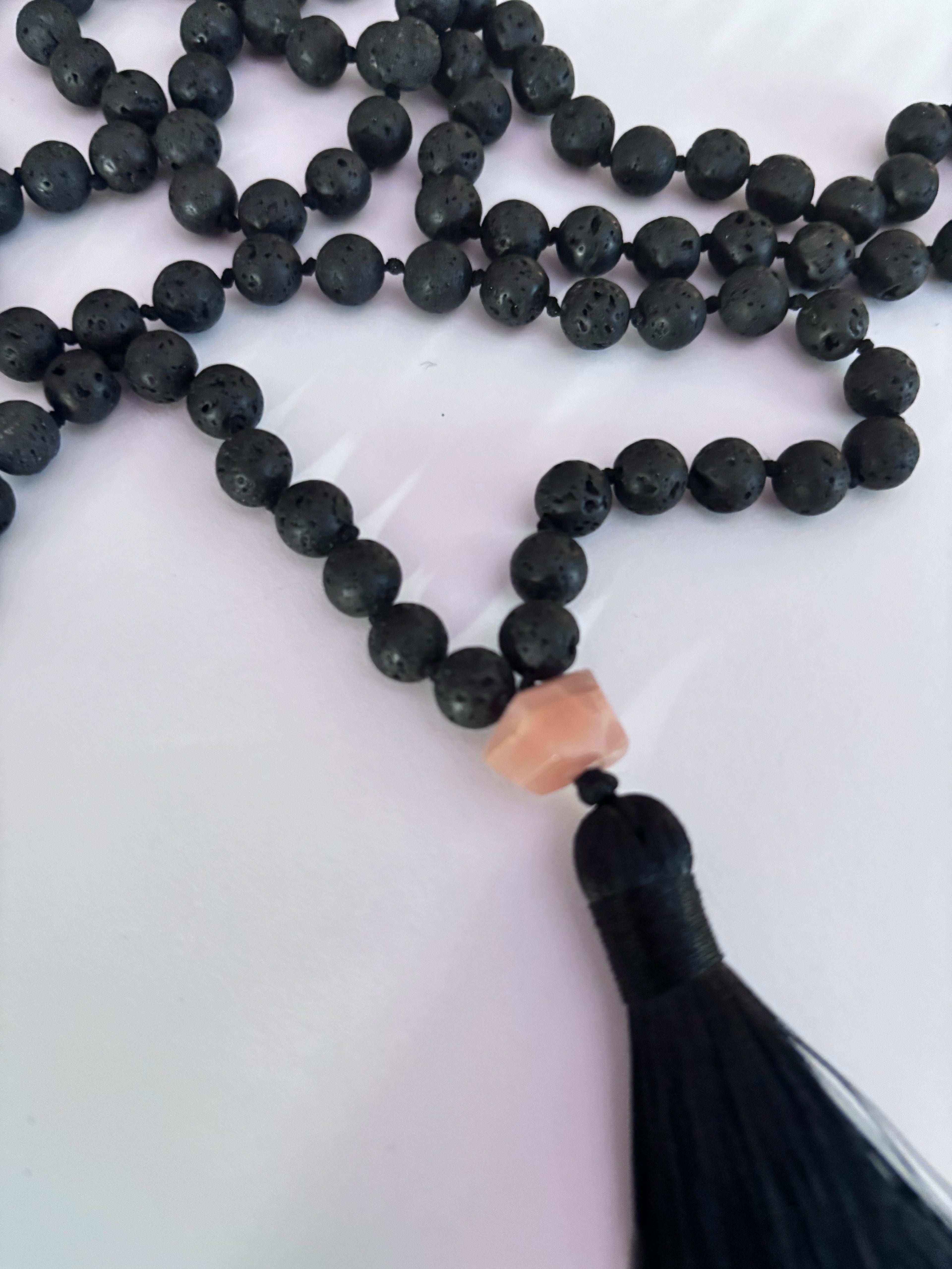 Matte Black Lava Bead Tassel Necklace